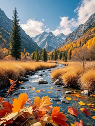 RKFLGEW DIY Perlenstickerei-Set Für Erwachsene Bergwald-Flusslandschaft Perlenkreuzstich-Stickmuster，Diy-Wandbehang，3D-Perlen-Set Für Handarbeiten 50x70cm von RKFLGEW