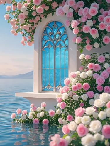 RKFLGEW DIY Perlenstickerei-Set Für Erwachsene Rosa Rosen Am Fenster Perlenkreuzstich-Stickmuster，Diy-Wandbehang，3D-Perlen-Set Für Handarbeiten 30x40cm von RKFLGEW