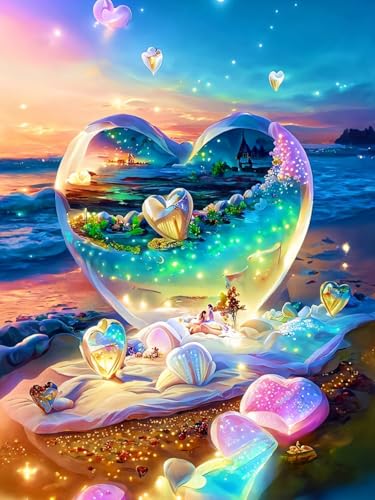 RKFLGEW DIY Perlenstickerei Set Mit Perlen Vollbild Fantasie Strand Herzen Und Blumen Diy-Perlenstickerei-Set Für Anfänger，Handarbeitsset，Nadelstichmuster，Heimdekoration 30x40cm von RKFLGEW
