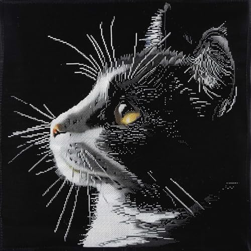 RKFLGEW DIY knüpfen set Schwarz-weiße Katze knüpfstern Katze Tier DIY Knüpfkissen-Set，Anfänger，Erwachsene，Teenager，Geschenk，Stickerei，Heimdekoration，Knüpfhaken-Set 43x43cm von RKFLGEW