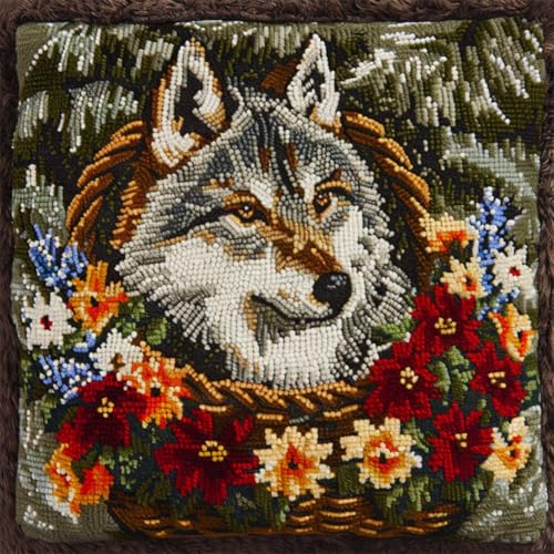 RKFLGEW DIY knüpfen set Wolf und Blumenkorb knüpfstern FantasietiereKnüpfhaken-Sets für Anfänger，handgefertigte Handarbeiten，DIY-Wurfkissen，Kunsthandwerk，Heimdekoration 43x43cm von RKFLGEW