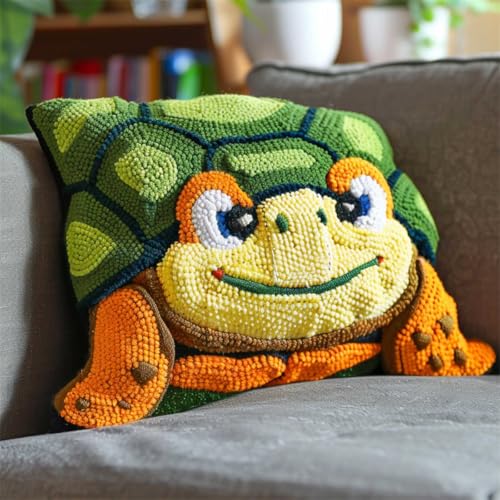 RKFLGEW DIY knüpfen set anfänger Süße Schildkröte knüpfkissen mit vordruck Cartoon-Tiere Knüpfset für Kissen，DIY，handgefertigtes Kissen，Häkelgarn，Stickerei，Knüpfset für Kissenbezüge 43x43cm von RKFLGEW