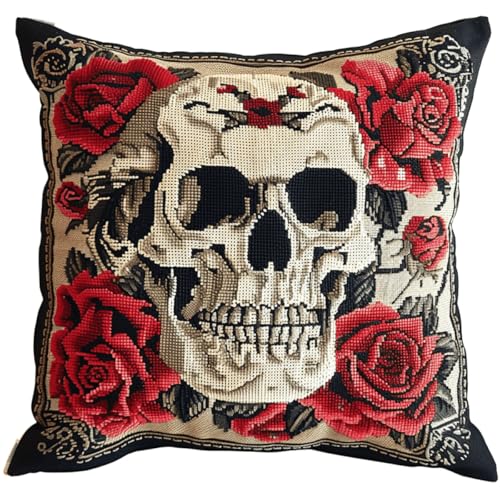 RKFLGEW DIY knüpfen set anfänger Totenkopf und Blumen knüpfkissen mit vordruck rote Rose DIY Knüpfkissen-Set，Anfänger，Erwachsene，Teenager，Geschenk，Stickerei，Heimdekoration，Knüpfhaken-Set 43x43cm von RKFLGEW