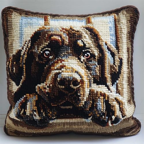 RKFLGEW DIY knüpfen set labrador retriever tier knüpfstern Cartoon-Hund Knüpfhaken-Set für selbstgemachte Dekokissenbezüge，Handarbeits-Kissenbezüge，Handarbeit，Häkeln für die Familie 43x43cm von RKFLGEW