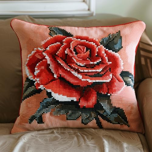 RKFLGEW DIY knüpfen set rote Rose knüpfstern Fantasieblumen Knüpfset für Kissen，DIY，handgefertigtes Kissen，Häkelgarn，Stickerei，Knüpfset für Kissenbezüge 43x43cm von RKFLGEW
