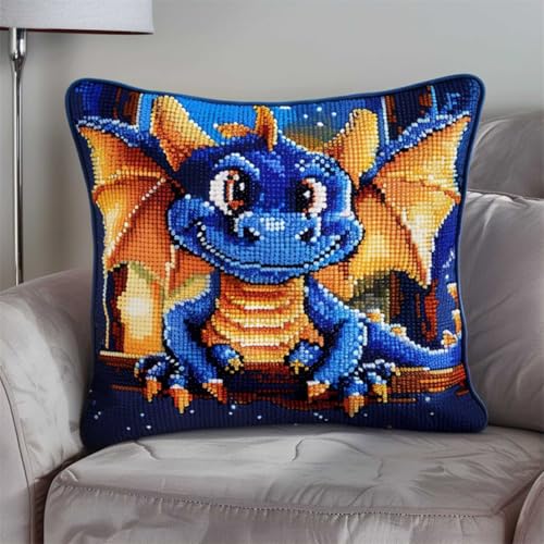 RKFLGEW DIY stickpackung kissen Bunter Drache knüpfen set erwachsene kissen Süße Tiere 3D-Kissen-Materialpaket，Knüpfhaken-Sticksets，DIY-Teppichkissen，Häkelkissenbezug für Zuhause 43x43cm von RKFLGEW