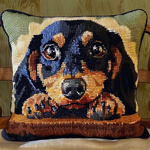 RKFLGEW DIY stickpackung kissen Dackel Tier knüpfen set erwachsene kissen Süßer Hund DIY Knüpfkissen-Set，Anfänger，Erwachsene，Teenager，Geschenk，Stickerei，Heimdekoration，Knüpfhaken-Set 43x43cm von RKFLGEW