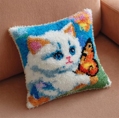 RKFLGEW Diy Knüpfkissen Set Katzentier Und Schmetterling Knüpfset Für Kissen，Diy，Handgefertigtes Wurfkissenbezug，Häkelgarn，Stickerei，Knüpfset Für Kissenbezüge 43x43cm von RKFLGEW