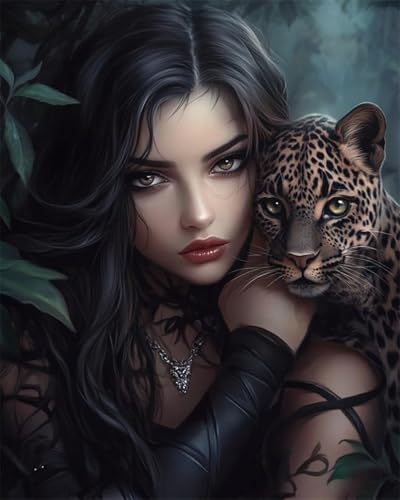 RKFLGEW Diy Kreuzstich-Set Mit Perlen Frau Und Leopardentier Perlenstickerei-Set, Einfaches Kreuzstich-Sets Für Erwachsene Und Anfänger Für Handarbeiten 40x50cm von RKFLGEW