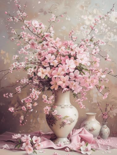 RKFLGEW Diy Perlenstickerei-Set，Rosa Blumen In Vase，Perlenstickerei-Set，Fantasieblumen，Nadelspitze，Gobelin-Set，Perlenstickerei，Handarbeitsset，Perlen-Kreuzstich-Set 50x70cm von RKFLGEW