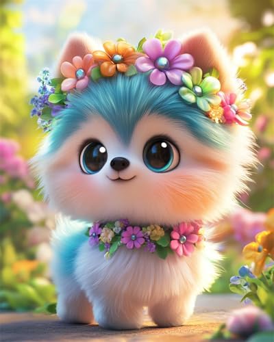 RKFLGEW Diy Perlenstickerei-Set Für Erwachsene Cartoon-Welpen Und Blumen Nadelstich-Handarbeitssets: Diy-Perlenmalerei，3D-Wandteppich，Perlenkreuzstich 40x50cm von RKFLGEW