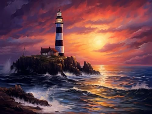 RKFLGEW Diy Stickperlen Leuchtturm Und Meer Perlenstickerei Set Sonnenaufgang Am Meer Nadelstich Kits Perlen Kreuzstich 3D Perlenmalerei Handarbeit 30x40cm von RKFLGEW