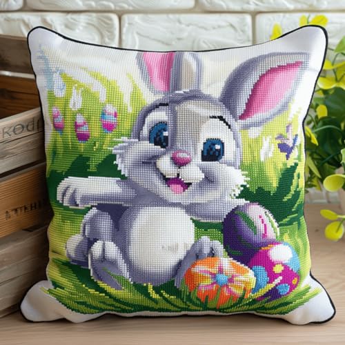 RKFLGEW Knüpfkissen-Set Mit Hasen- Und Ostereiern，Gestempeltes Kissen，Knüpfkissen-Set Mit Cartoon-Tieren，Diy-Knüpfkissen，Bedrucktes Kissen，Häkelgarn，Stickerei，Handarbeit，Stickset 43x43cm von RKFLGEW