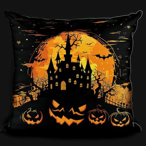 RKFLGEW Knüpfkissen-Set Mit Schlosssilhouette，Gestempeltes Kissen，Knüpfkissen-Set，Halloween-Kürbis，Diy-Knüpfkissen，Bedrucktes Kissen，Häkelgarn，Stickerei，Handarbeit，Stickset 43x43cm von RKFLGEW