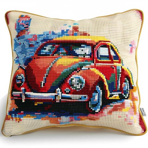 RKFLGEW Set Zur Herstellung Von Kissen, Cartoon-Auto, Kits Zur Herstellung Von Kissenbezügen/Kissenbezügen, Statement-Teppich, Knüpfhaken-Kits Für Ein Starterprojekt, Diy-Knüpfhaken-Kits 43x43cm von RKFLGEW