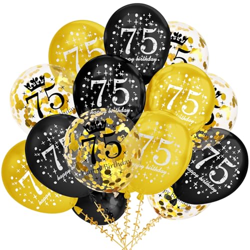 Luftballons zum 75. Geburtstag, Latex-Konfetti-Luftballons zum 75. Geburtstag, 30,5 cm – Dekoration für Damen und Herren, Schwarz und Gold, Party-Dekorationen, 15 Stück Luftballons zum 75. Geburtstag, Latex-Konfetti-Luftballons zum 75. Geburtstag, 30,5 cm – Dekoration für Damen und Herren, Schwarz und Gold, Party-Dekorationen, 15 Stück von RKMYTR