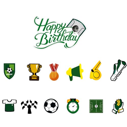 RKMYTR 13 Stück Fußball-Kuchenaufsätze: Geburtstagskuchenaufsatz + 12 Fußball-Cupcake-Topper für Jungen und Herren, Sport-Motto-Party-Dekorationen (Kuchendekoration) von RKMYTR