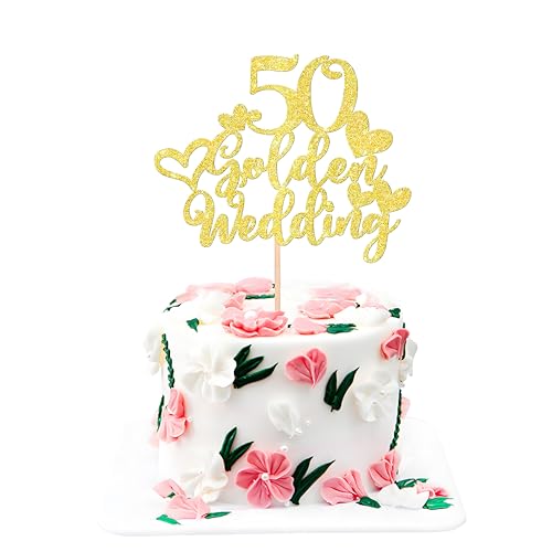RKMYTR 50 goldene Hochzeitstortenaufsätze, glitzernde Kuchendekoration für 50. Geburtstag, 50. Jahrestag und goldene Hochzeit (14 cm) von RKMYTR
