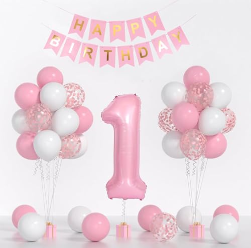 RKMYTR Deko-Set zum 1. Geburtstag für Mädchen, 1. Geburtstag, 32 Latex-Rosa & Weiß & Konfetti mit 101,6 cm Folienballon Zahl 1, Happy Birthday-Banner für Baby's erste Geburtstagsparty RKMYTR Deko-Set zum 1. Geburtstag für Mädchen, 1. Geburtstag, 32 Latex-Rosa & Weiß & Konfetti mit 101,6 cm Folienballon Zahl 1, Happy Birthday-Banner für Baby's erste Geburtstagsparty von RKMYTR