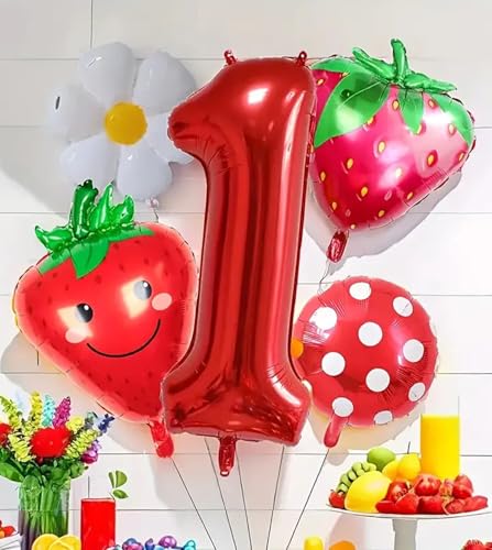 RKMYTR Folienballons zum 1. Geburtstag, Erdbeere, 101,6 cm, rot gepunktet, Babyparty-Dekorationen für Mädchen, Kunststoffnummer 1, Smiley-Gesicht und Gänseblümchen, Ballonbogen-Set mit Band (1 x 101,6 RKMYTR Folienballons zum 1. Geburtstag, Erdbeere, 101,6 cm, rot gepunktet, Babyparty-Dekorationen für Mädchen, Kunststoffnummer 1, Smiley-Gesicht und Gänseblümchen, Ballonbogen-Set mit Band (1 x 101,6 von RKMYTR