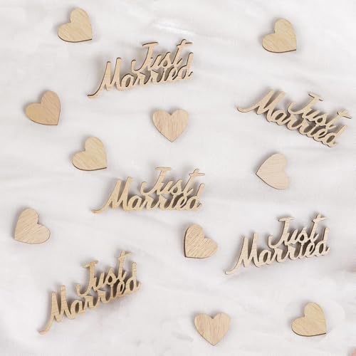 RKMYTR Konfetti-Herzen und Schilder aus Holz "Just Married" – elegante Hochzeitstischdekorationen für Brautpartys, Jubiläen und Partys (60 Stück) von RKMYTR