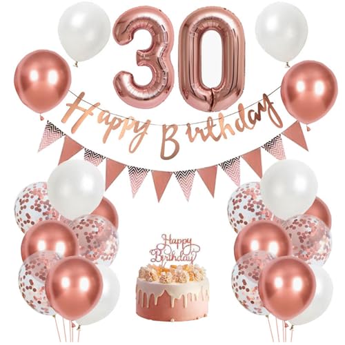 RKMYTR Luftballons zum 30. Geburtstag, Retro, Rosa und Rotgold, Dekoration zum 30. Geburtstag, inklusive Ballon der Zahl 76.2 cm, "Happy Birthday"-Banner, Kuchendekoration, Altrosa, Dreiecksflagge und RKMYTR Luftballons zum 30. Geburtstag, Retro, Rosa und Rotgold, Dekoration zum 30. Geburtstag, inklusive Ballon der Zahl 76.2 cm, "Happy Birthday"-Banner, Kuchendekoration, Altrosa, Dreiecksflagge und von RKMYTR