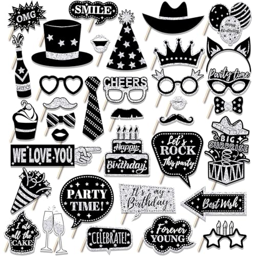 RKMYTR Photo Booth Props Set Selfie Requisiten für Geburtstag, Hochzeit, Neujahr, Abschlussfeier Lustige Selfie Requisiten Zubehör mit großer Brille & lustigen Schildern, 36pcs Schwarz & Silber von RKMYTR