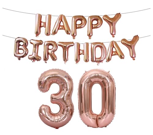 RKMYTR Rotgoldenes Luftballon-Set zum 30. Geburtstag, 106,7 cm, Zahl 76,2 cm, Zahlen 76.2 cm mit "Happy Birthday"-Banner, Dekoration zum 30. Geburtstag für Frauen, Jubiläums-Party-Dekoration von RKMYTR