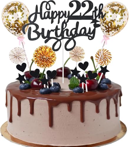 RKMYTR Tortenaufsatz-Set zum 22. Geburtstag, Schwarz-Weiß-Papierdekorationen mit Glitzersternen, Herzen, Konfetti-Luftballons und Papierfächern, 17-teilig, für Geburtstagskuchen RKMYTR Tortenaufsatz-Set zum 22. Geburtstag, Schwarz-Weiß-Papierdekorationen mit Glitzersternen, Herzen, Konfetti-Luftballons und Papierfächern, 17-teilig, für Geburtstagskuchen von RKMYTR