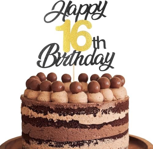 RKMYTR Tortenaufsatz zum 16. Geburtstag für Jungen – Cheers to 16 Years Schwarz Gold Glitzer Kuchendekorationen | 16,5 x 15 cm Papier-Partyzubehör für 16. Geburtstag RKMYTR Tortenaufsatz zum 16. Geburtstag für Jungen – Cheers to 16 Years Schwarz Gold Glitzer Kuchendekorationen | 16,5 x 15 cm Papier-Partyzubehör für 16. Geburtstag von RKMYTR