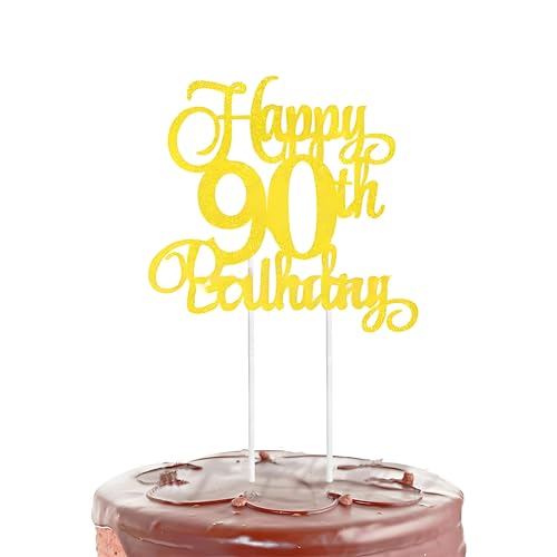 RKMYTR Tortenaufsatz zum 90. Geburtstag (17,8 x 17 cm) – glitzernde "228.6 cm, goldene Papierdekoration für Kuchen zum 90. Geburtstag, Jubiläums-Partyzubehör und Dessert-Dekorationen von RKMYTR