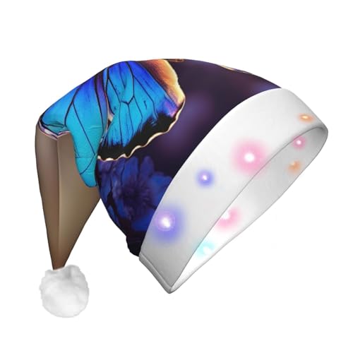 RLDOBOFE Blaue Schmetterlings-Weihnachtsmannmütze für Erwachsene, Plüsch-Weihnachtsmütze, lustiger Urlaubsmütze, beleuchteter Hut mit LED-Licht für Weihnachtsfeierzubehör von RLDOBOFE