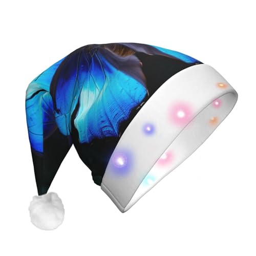 RLDOBOFE Blauer Schmetterlings-Weihnachtsmannhut für Erwachsene, Plüsch-Weihnachtsmütze, lustiger Urlaubsmütze, beleuchteter Hut mit LED-Licht für Weihnachtsfeierzubehör von RLDOBOFE