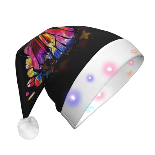 RLDOBOFE Bunte Schmetterlings-Weihnachtsmannmütze für Erwachsene, Plüsch-Weihnachtsmütze, lustiger Urlaubsmütze, beleuchteter Hut mit LED-Licht für Weihnachtsfeierzubehör von RLDOBOFE
