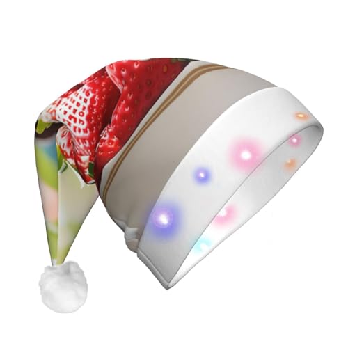 RLDOBOFE Erdbeer-Weihnachtsmütze für Erwachsene, Plüsch-Weihnachtsmütze, lustiger Urlaubsmütze, beleuchteter Hut mit LED-Licht für Weihnachtsfeierzubehör von RLDOBOFE