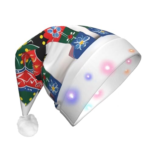 RLDOBOFE Plüsch-Weihnachtsmütze mit LED-Lichtern, Läufer, schwedisches Dala-Pferd, Volksmütze, beleuchtet, Weihnachtsmützen für Erwachsene von RLDOBOFE