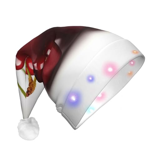 RLDOBOFE Plüsch-Weihnachtsmütze mit LED-Lichtern, chilenische Kirschen, Weihnachtsmütze, beleuchtet, für Erwachsene von RLDOBOFE