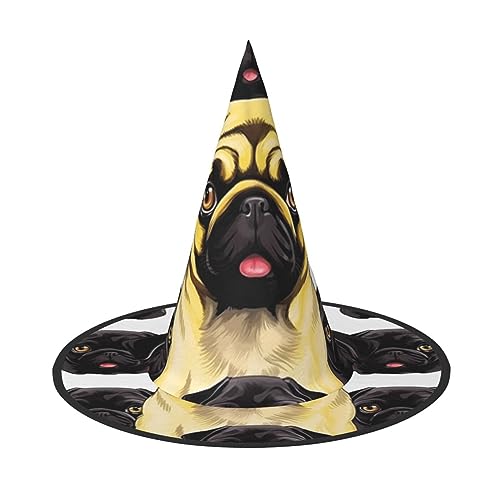 RLDOBOFE Schwarz-gelber Mops-Druck, Halloween-Hexenhut, Cosplay-Kappen, Halloween-Dekoration, Kostümzubehör für Halloween-Party 1 von RLDOBOFE