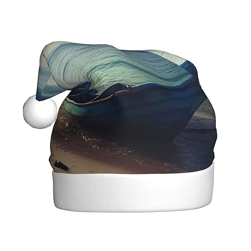 RLDOBOFE Weihnachtsmannmütze mit Boot- und Meeresaufdruck, weicher Plüsch, Weihnachtsdekoration für Erwachsene, Weihnachtsgeschenk, 1 Stück von RLDOBOFE