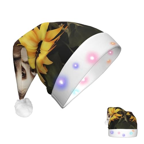 RLDOBOFE Weihnachtsmütze, beleuchtete Weihnachtsmütze für Erwachsene, Faultier-Sonnenblume, Weihnachtsmannmütze mit LED-Lichtern, Weihnachtsdekorationen von RLDOBOFE