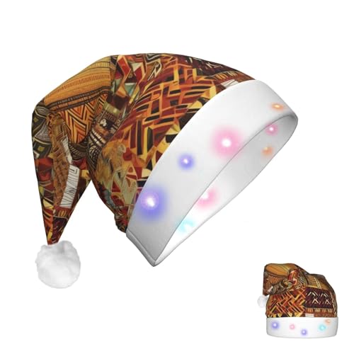 RLDOBOFE Weihnachtsmütze, leuchtende Weihnachtsmützen für Erwachsene, afrikanische Textil-Patchwork-Weihnachtsmannmütze mit LED-Lichtern, Weihnachtsdekorationen von RLDOBOFE