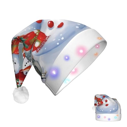 RLDOBOFE Weihnachtsmütze für Erwachsene, Frohe Weihnachten, Schneemann und Vögel, Weihnachtsmannmütze mit LED-Lichtern, Weihnachtsdekorationen von RLDOBOFE