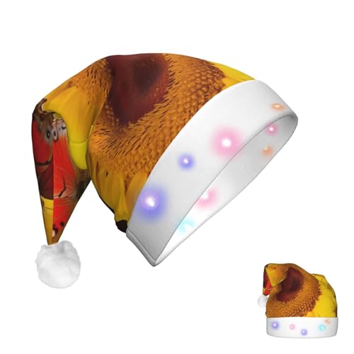 RLDOBOFE Weihnachtsmütze für Erwachsene, gelbe Sonnenblumen mit rotem Schmetterling, Weihnachtsmannmütze mit LED-Lichtern, Weihnachtsdekoration von RLDOBOFE