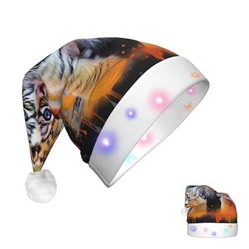 RLDOBOFE Weihnachtsmütze für Erwachsene, kleiner Tiger auf buntem Farbspritzer-Hintergrund, Weihnachtsmannmütze mit LED-Lichtern, Weihnachtsdekoration von RLDOBOFE