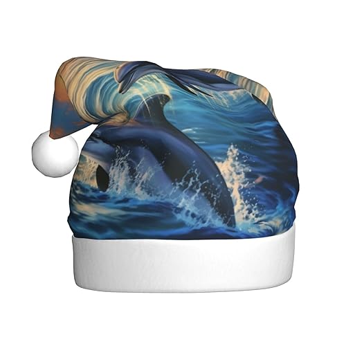 RLDOBOFE Weihnachtsmütze mit Delfinen im Meer, weicher Plüsch, Weihnachtsdekoration, Unisex, Erwachsene, 1 Stück von RLDOBOFE