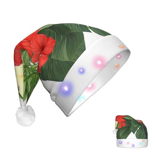 RLDOBOFE Weihnachtsmütze mit beleuchteten Weihnachtsmützen für Erwachsene, Vegetationsblätter mit Hibiskusblumen, Weihnachtsmannmütze mit LED-Lichtern, Weihnachtsdekorationen von RLDOBOFE