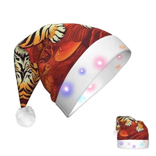 RLDOBOFE Weihnachtsmütze mit beleuchteten Weihnachtsmützen für Erwachsene, Wohlstand im Jahr des Tigers, Weihnachtsmannmütze mit LED-Lichtern, Weihnachtsdekorationen von RLDOBOFE