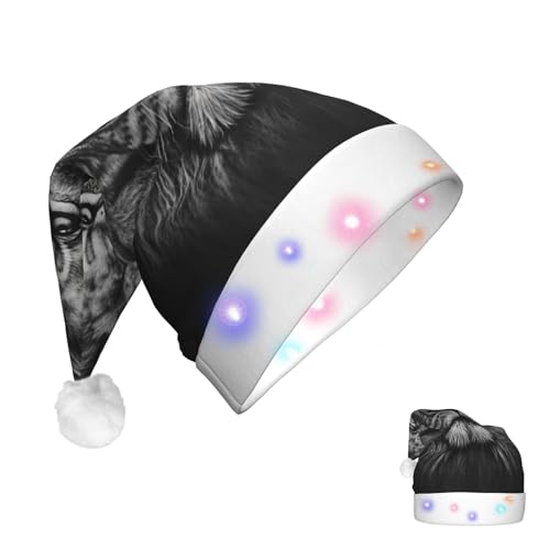 RLDOBOFE Weihnachtsmütze mit beleuchteten Weihnachtsmützen für Erwachsene, schwarz-weiß, Löwenkopf, Weihnachtsmannmütze mit LED-Lichtern, Weihnachtsdekoration von RLDOBOFE