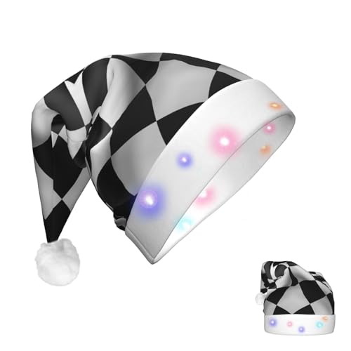 RLDOBOFE Weihnachtsmütze mit beleuchteten Weihnachtsmützen für Erwachsene, schwarz-weiße Formel, karierte Flaggen, Weihnachtsmannmütze mit LED-Lichtern, Weihnachtsdekorationen von RLDOBOFE