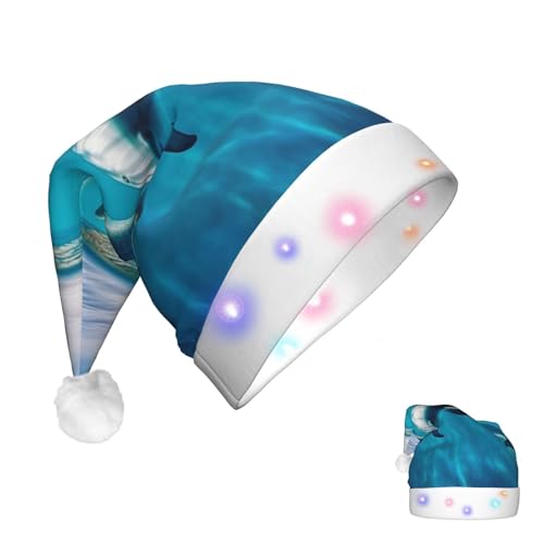 RLDOBOFE Weihnachtsmütze mit beleuchteten Weihnachtsmützen für Erwachsene, schwimmender Delfin im blauen Meer, Weihnachtsmannmütze mit LED-Lichtern, Weihnachtsdekoration von RLDOBOFE